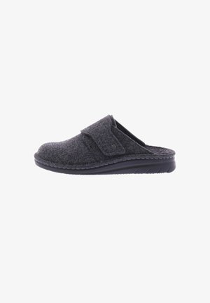 Grijze gevoerde slipper met verstelbare band, zwarte rubberen zool, afgeronde neus en zichtbare stiksel langs de rand, ontworpen voor comfort.