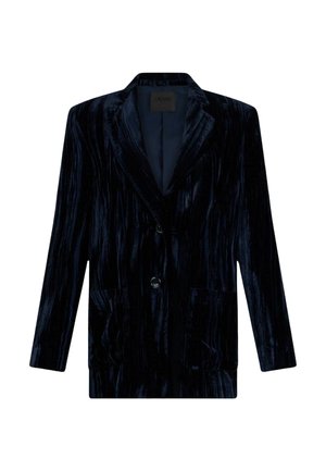 Giacca di velluto, blu scuro, con rever a punta, due tasche frontali, chiusura con un solo bottone e strisce verticali texturizzate.