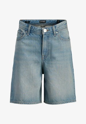 Lyseblå løstsiddende denimshorts med frontknap og lynlås, bæltestropper og fem-lomme-design.