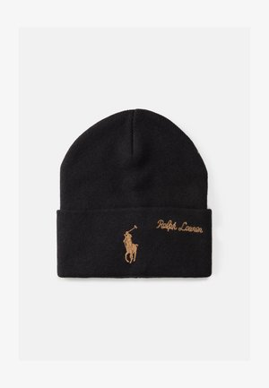 Crna pletena kapa s preklopom, zlatno izvezena "Ralph Lauren" oznaka i zlatni logotip konja na prednjoj strani.
