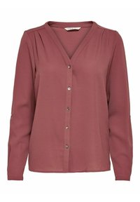 Langärmlige Bluse mit V-Ausschnitt in einem staubigen Rosa, aus strukturiertem Stoff gefertigt, mit vorderer Knopfverschluss und Faltendetails an den Schultern.