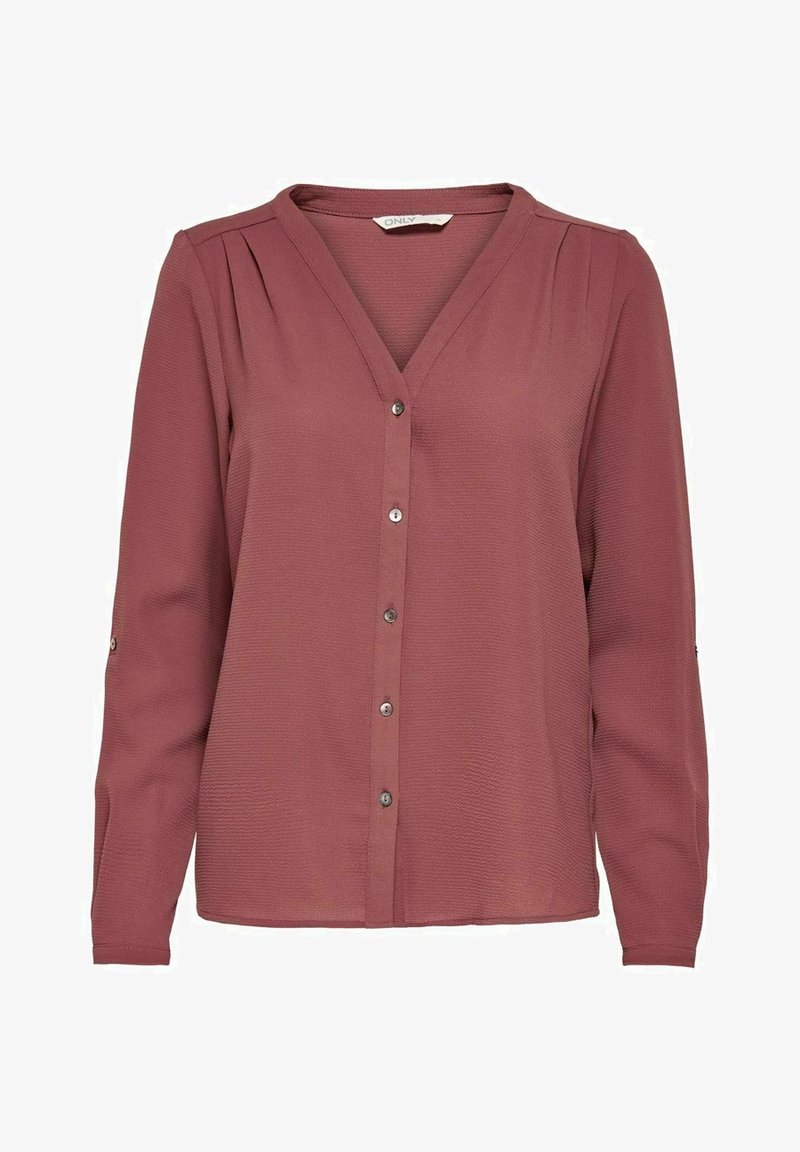 Langärmlige Bluse mit V-Ausschnitt in einem staubigen Rosa, aus strukturiertem Stoff gefertigt, mit vorderer Knopfverschluss und Faltendetails an den Schultern.