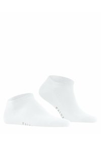Weiße Knöchelsocken aus weichem Material mit einem gerippten Bündchen. Hat ein minimalistisches Design und ein kleines Logo in einer hellen Farbe in der Nähe der Ferse.