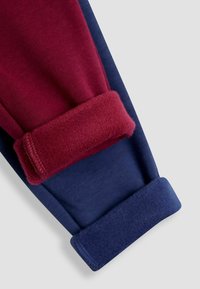 Fleece pamušaluoti treningai raudonos ir tamsiai mėlynos spalvų, su kontrastingais rankogaliais, lygia tekstūra ir atsipalaidavusio dizaino, tinkantys komfortui.