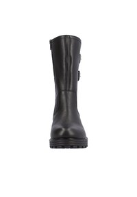 Botte noire en cuir montante avec une surface texturée, dotée de deux boucles latérales et d'une semelle en caoutchouc solide avec des rainures pour une adhérence accrue.