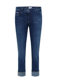 Jean en denim bleu foncé avec ourlets retroussés, poches avant, fermeture par bouton et détails discrets délavés sur les cuisses.