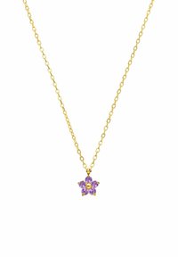 Gouden ketting met een bloemvormige hanger met zes paarse edelstenen, elk gezet in een gepolijst gouden montuur.