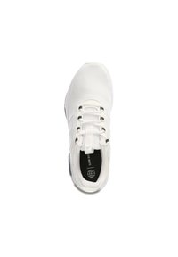 White athletic shoe with a mesh upper, five black eyelets, and a black insole featuring a globe logo. Rounded toe and cushioned sole.