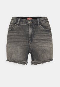 Mustat haalistuneet farkkushortsit, joissa on kuluneet helmat, nappikiinnitys, vyölenkit ja etutaskut.