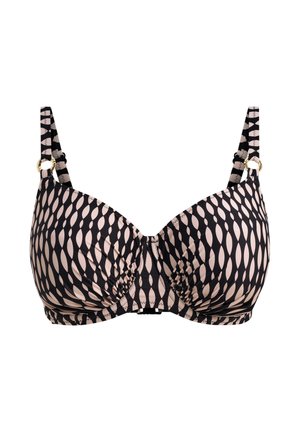 Musta-beige kuvioitu rintaliivit muotoilluilla kupeilla, säädettävillä olkaimilla ja kultaisilla rengaskoristeilla. Mukana sileä ja teksturoitu kangasmalli.