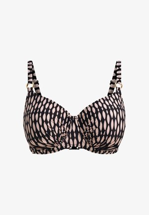 Zwarte en beige beha met patroon, gevormde cups, verstelbare bandjes en gouden ringaccenten. Heeft een gladde, gestructureerde stof.