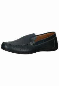 Námořnické modré kožené slip-on mokasíny s jemnou texturou, elastickými bočními panely a kontrastním šitím podél svršku a podešve.
