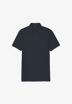 Granatowa koszulka polo wykonana z teksturowanej bawełny, z klasycznym kołnierzykiem, krótkimi rękawami oraz trzema guzikami z akcentującym przeszyciem.