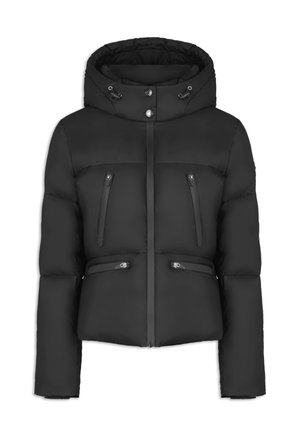 Sort pufferjakke med hætte, lynlås foran og to brystlommer. Glat tekstur med kort silhuet og justerbart hardware.