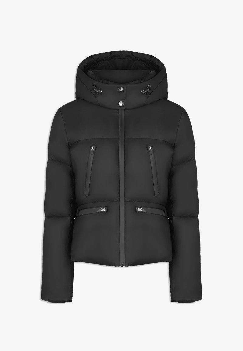 Czarna kurtka puchowa z kapturem, zapinana na zamek z przodu, z dwoma kieszeniami na piersi. Gładka tekstura, krótki fason i regulowane akcesoria.