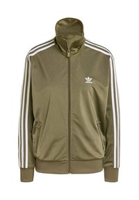 Zelenoolivová bunda na zip vyrobená z lesklé látky, s bílými třemi pruhy na ramenou a manžetách, se bočními kapsami a vysokým límcem.