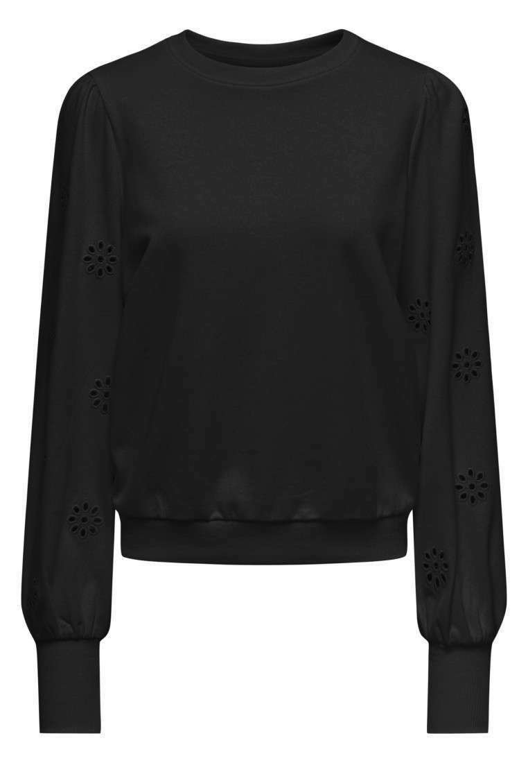 Musthave mustaga, millel on pikad varrukad ja lillelised lõikeavad varrukatel, ümmargune kaelus ja soonitud alläär. Sile kangastekstuuri.