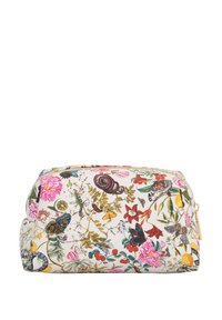 Necessaire decorato con un motivo floreale, caratterizzato da uno sfondo crema, una cerniera dorata e colori vivaci come il rosa, il giallo e il verde. Texture liscia.