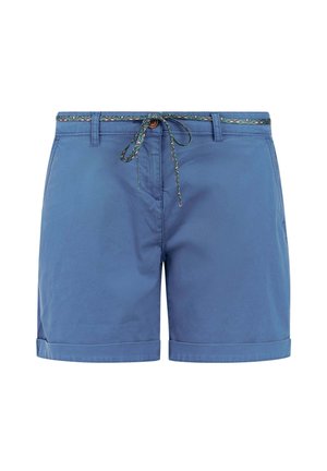 Blauwe casual shorts met omgeslagen zomen, riemlussen, een bloemenpatroon trekkoordriem en een knoopsluiting aan de voorkant.