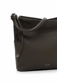 Dark green leather handbag with a textured surface, single shoulder strap, and an open top. Features a subtle logo on the side.