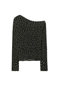 Schwarzes Langarmshirt mit schulterfreier Gestaltung, versehen mit weißen Punkten, aus weichem Material und im entspannten Schnitt.