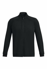 Chaqueta negra con cremallera fabricada en un tejido suave y elástico. Presenta un cuello alto, mangas largas y un logotipo en tonos en la parte delantera.