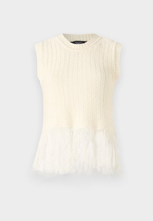 Sleeveless knitted top in cream, featuring a textured body and a soft, fluffy hemline. The neckline is round with ribbed detailing.