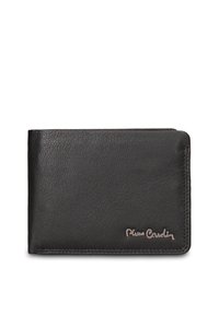 Portafoglio in pelle nera con finitura strutturata, bordi cuciti e logo metallico sulla parte anteriore. Design pieghevole.