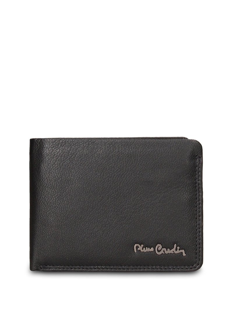 Portafoglio in pelle nera con finitura strutturata, bordi cuciti e logo metallico sulla parte anteriore. Design pieghevole.