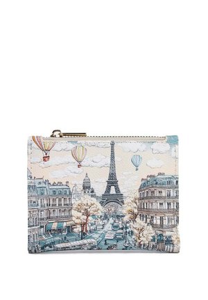 Scena di strada a Parigi con la Torre Eiffel, edifici, auto, pedoni, alberi e mongolfiere sotto un cielo parzialmente nuvoloso su un astuccio con cerniera.