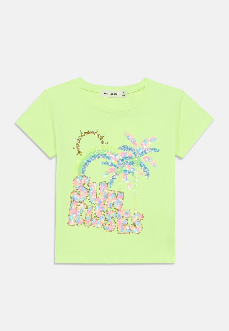Μπλουζάκι από βαμβάκι σε νεον πράσινο χρώμα με διακοσμητικό σχέδιο από παγιέτες που απεικονίζει φοίνικες, τον ήλιο και το κείμενο "SUN KISSES" με πολύχρωμες λεπτομέρειες. Στρογγυλεμένος λαιμός.