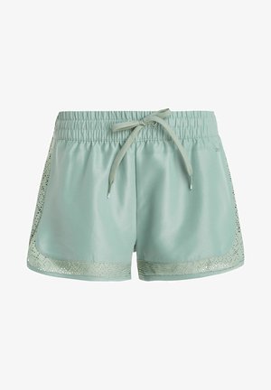 Mint vihreät urheilushortsit, joissa on teksturoitu verkkopaneeli sivuilla, joustava vyötärönauha ja säädettävä nyöri.