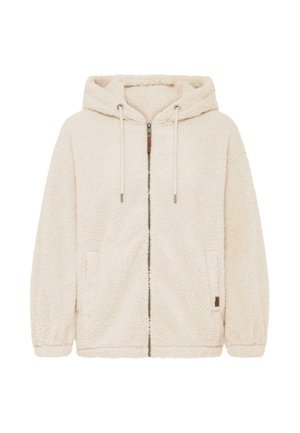 Cream-colored fleece jacket with a hood, front zipper, two side pockets, and drawstring accents. Soft, textured material with a relaxed fit.