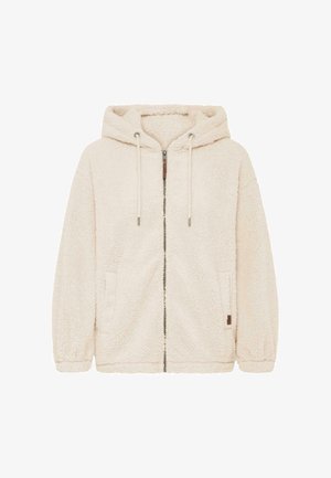 Cream-colored fleece jacket with a hood, front zipper, two side pockets, and drawstring accents. Soft, textured material with a relaxed fit.