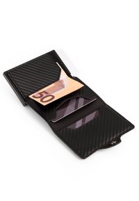 Black carbon fiber wallet with a smooth texture, featuring one compartment for cash and two slots for cards. Compact and sleek design.