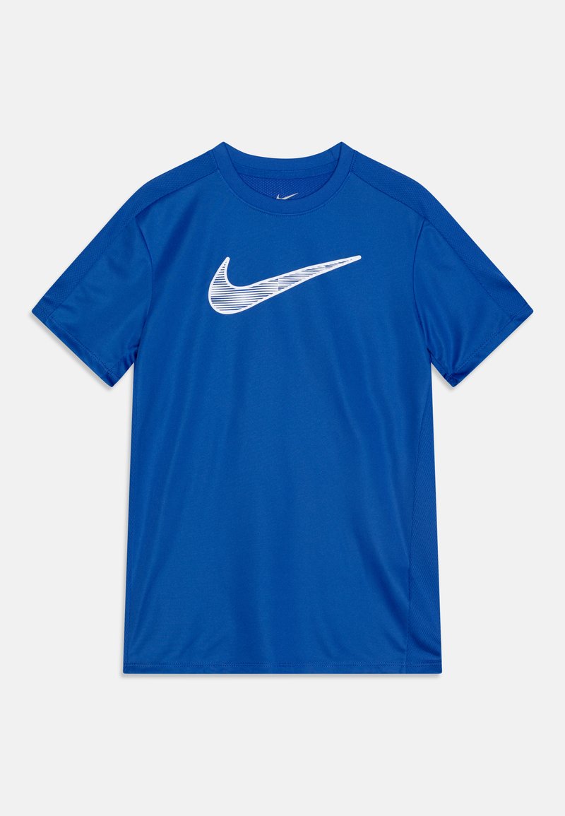 Blå kortärmad träningsskjorta av fuktavvisande tyg, med en stor vit Nike-logotyp på bröstet och kontrasterande axelpaneler.
