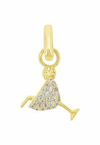 Guldtonad berlock som föreställer en högklackad sko, prydd med klara kristaller, med en ögla för fäste. Polerad yta med strukturella detaljer.