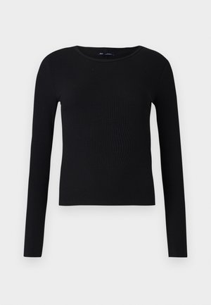 Maglietta nera a maniche lunghe con scollatura rotonda. Realizzata in un tessuto morbido e elasticizzato, presenta un silhouette aderente e dettagli minimali.