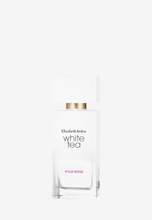 Elizabeth Arden White Tea Wild Rose -hajuvesipullo, jossa valkoinen korkki ja kullanvärinen kaulaosa valkoisella taustalla.