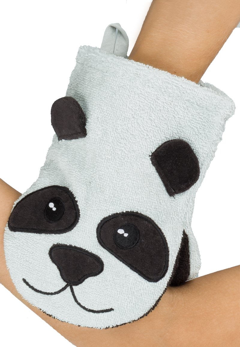 Pfotenhandschuh in Form eines Pandas aus hellblauem Frottiertuch; mit schwarzen Filzakzenten für Augen und Ohren; strukturiert und mit einer Schlaufe zum Aufhängen.