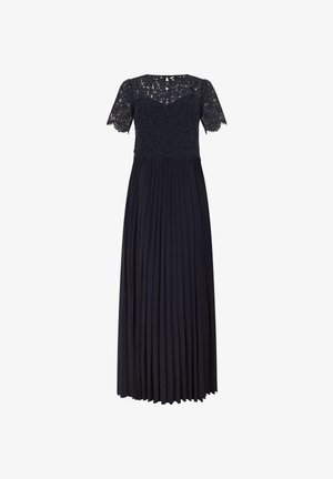 Robe de soirée bleu marine avec manches courtes en dentelle, corsage en dentelle florale et longue jupe plissée.