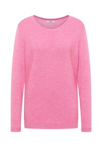 T-shirt rose à manches longues en matériau doux avec une texture rayée subtile, col rond et coupe décontractée. Étiquette de la marque visible à l'intérieur.