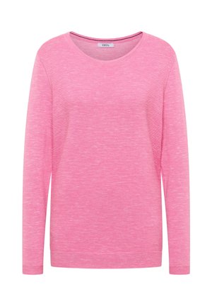 Rosa langärmliges Oberteil aus weichem Material mit subtiler gestreifter Textur, runder Halslinie und lockerer Passform. Markenlabel sichtbar innen.