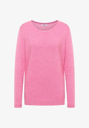 Rosa langärmliges Oberteil aus weichem Material mit subtiler gestreifter Textur, runder Halslinie und lockerer Passform. Markenlabel sichtbar innen.