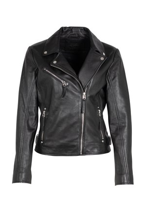 Zwarte leren motorjack met ritsen, drukknoopsluitingen en een klassieke kraag. Heeft een slim fit ontwerp en een gladde textuur.