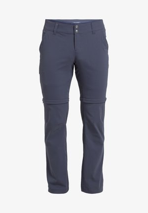Granatowe spodnie outdoorowe wykonane z elastycznego, lekkiego materiału. Wyposażone w kieszenie na zamek i regulowany pas. Możliwość przekształcenia w krótkie spodenki.