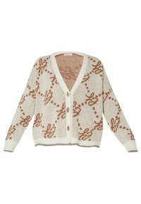 Cárdigan crema con un patrón floral marrón, diseño de cuello en V, cierre frontal de botones y puños y dobladillo acanalados. Textura de punto.