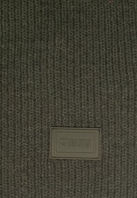 Ciemnozielona prążkowana dzianinowa czapka z prostokątną naszywką z logo "BIG STAR" w pasującym odcieniu, wykonana z teksturowanej tkaniny.