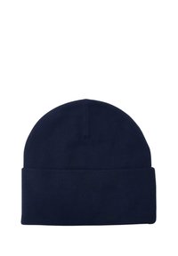 Berretto a maglia blu navy con risvolto, realizzato in tessuto morbido. Presenta una texture liscia e una parte superiore rotonda per una vestibilità aderente.