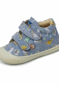 Barnskor med övre del i blåmocka med ett dinosauriemönster, kardborreband och en gummisula med texturerade spår.